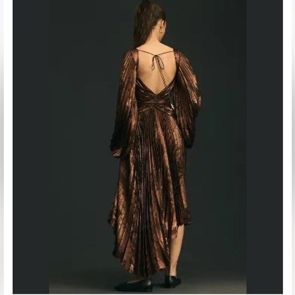 Acler Auroa Midi Dress Metallic Twist Front Pleated Bronze Size 6 NEW - Picture 3 of 16